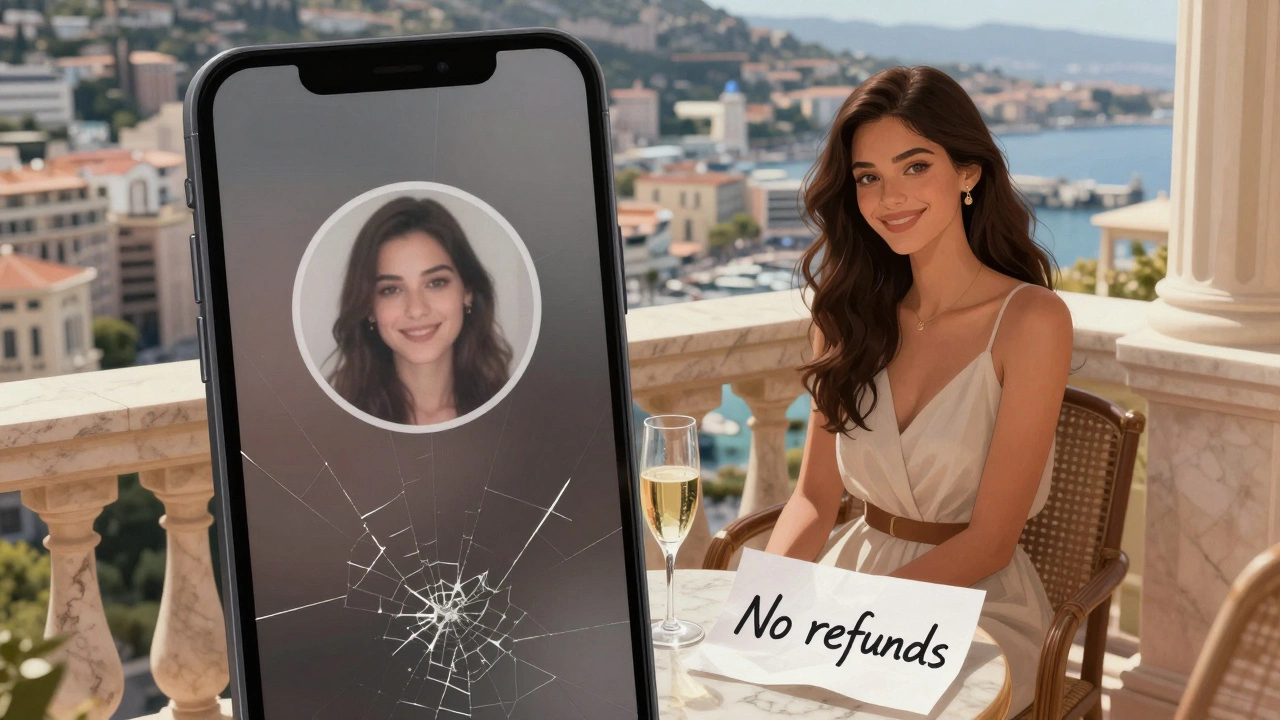 A cracked phone screen shows a fake escort photo next to a real woman sitting quietly on a balcony with champagne.