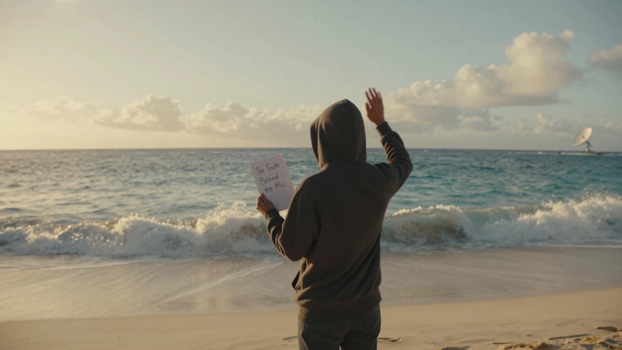 A figure on a beach at sunrise holding a manuscript, waves crashing behind him under golden light.