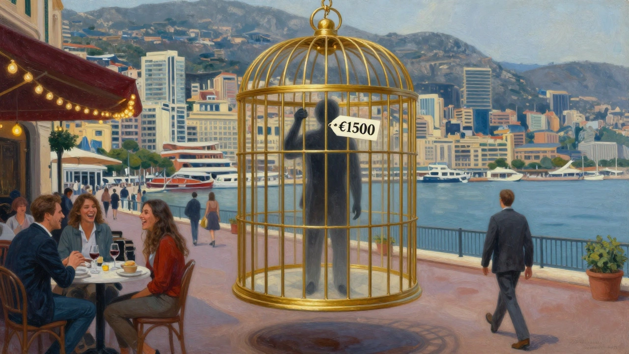 A golden cage with a price tag hovers over Monaco, while real people enjoy wine and conversation below.