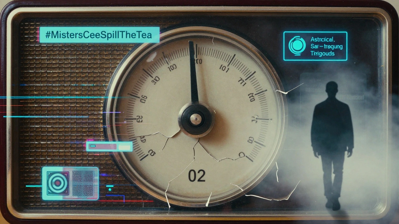 A vintage radio dial turning away from Hot97, surrounded by fading digital hashtags and glitch fragments.