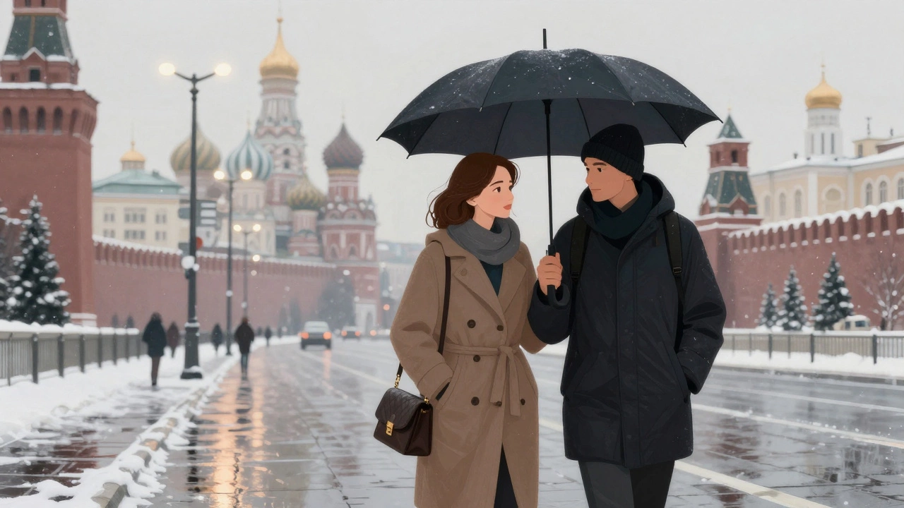 A woman walks with a visitor through snowy Moscow, sharing an umbrella at dusk.